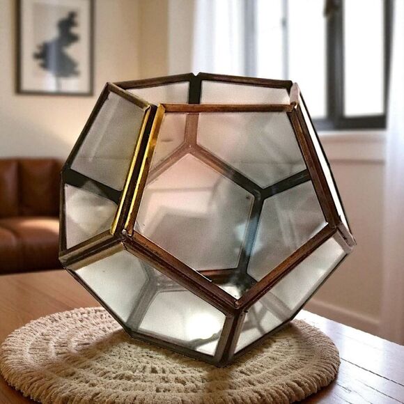 Geometric Glass Brass Terrarium Octagon Planter Display Case Candle Holder Vtg - Picture 14 of 16
